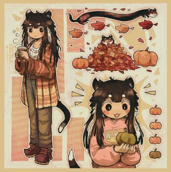 1girl :&lt; :3 alleesaur animal_ears autumn autumn_leaves belt blunt_bangs blush blush_stickers border brown_belt brown_hair brown_shoes closed_mouth commentary creature_and_personification cup disposable_cup english_commentary fangs ferret ferret_ears ferret_girl ferret_tail full_body grey_pants highres holding holding_cup holding_pumpkin jacket leaf leaf_pile long_hair long_sleeves multicolored_hair multiple_views open_clothes open_jacket open_mouth orange_jacket original outline pants personification pink_sweater pumpkin shirt shoes standing steam streaked_hair sweater upper_body white_hair white_outline white_shirt