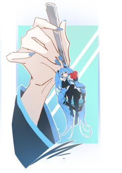 1girl absurdres bare_shoulders blue_eyes blue_hair blue_nails commentary_request detached_sleeves hair_ornament hatsune_miku headphones heart highres holding holding_heart holding_spoon long_hair looking_at_viewer mini_person minigirl skirt spoon thighhighs thzskyzx twintails very_long_hair vocaloid