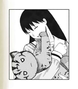 Rule 34 | animal, azumanga daioh's school uniform, azumanga daiou, cat, closed eyes, denkirk, happy, highres, holding, holding animal, holding cat, iriomote cat, looking at animal, mayaa (azumanga daioh), monochrome, pet, sakaki (azumanga daioh), school uniform