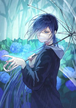 1girl absurdres aizumi black_choker black_hoodie blue_eyes blue_flower blue_hair bush choker flower hair_over_one_eye highres holding holding_umbrella hood hoodie hydrangea long_bangs long_hair looking_to_the_side mask mouth_mask one_eye_covered original plant purple_flower rain solo surgical_mask transparent transparent_umbrella tree umbrella water_drop watermark white_mask