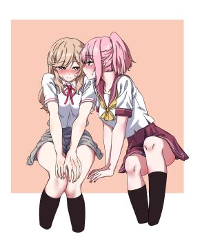 2girls amaori_haruna blonde_hair blush cottonswab336 embarrassed highres leaning_on_person looking_to_the_side multiple_girls ponytail school_uniform sena_ajisai watashi_ga_koibito_ni_nareru_wake_naijan_murimuri! yuri