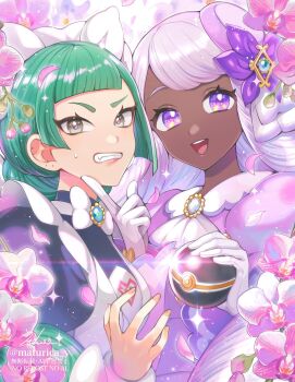 2girls apron black_romper blunt_bangs blush bow bowtie braid braided_ponytail breasts dark-skinned_female dark_skin dress fascinator flower glove_bow gloves green_hair grey_eyes highres holding holding_poke_ball jacinthe_(pokemon) juliet_sleeves lebanne_(pokemon) long_braid long_hair long_sleeves looking_at_viewer luxury_ball maid maid_apron maid_headdress master_and_servant matsurika_youko mega_stone multiple_girls nintendo open_mouth poke_ball pokemon pokemon_legends:_z-a puffy_sleeves purple_dress purple_eyes purple_hair romper smile sparkle teeth tsurime very_dark_skin white_bow white_bowtie white_gloves