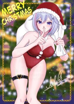 Rule 34 | 1girl, bare shoulders, blue eyes, breasts, cleavage, dated, dress, finger to mouth, grey hair, hat, heart, highres, honkai: star rail, honkai (series), large breasts, lilipon, looking at viewer, merry christmas, pantyhose, red hair, santa costume, santa dress, santa hat, short hair, signature, solo, thigh strap, topaz (honkai: star rail), watermark