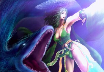 1girl aged_up armpits bad_id bad_pixiv_id blue_eyes breasts cleavage commentary_request cowboy_shot detached_sleeves final_fantasy final_fantasy_iv green_hair green_leotard green_thighhighs highres large_breasts leotard leviathan_(final_fantasy) long_hair looking_to_the_side open_mouth outstretched_arm pelvic_curtain rydia_(adult)_(ff4) rydia_(ff4) serpent spoilers standing thighhighs tiara y"s