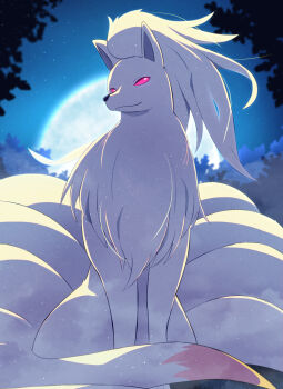 closed_mouth commentary_request gen_1_pokemon highres looking_at_viewer moon night ninetales nintendo no_humans outdoors pink_eyes pokemon pokemon_(creature) pokemon_focus rumine_(yoshi1234567) sitting sky smile solo