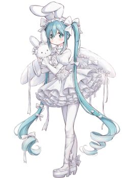 1girl :o absurdres animal_ear_hairband animal_ears aqua_eyes aqua_hair blush bow bowtie commentary_request dress drill_hair fake_animal_ears fake_wings frilled_dress frilled_hairband frills full_body hair_bow hairband hatsune_miku heart heart-shaped_pupils highres hitode holding holding_stuffed_toy juliet_sleeves leg_ribbon long_hair long_sleeves looking_at_viewer multiple_hair_bows pantyhose parted_lips puffy_sleeves rabbit_ear_hairband rabbit_ears ribbon shoes simple_background solo stuffed_animal stuffed_rabbit stuffed_toy symbol-shaped_pupils twintails very_long_hair vocaloid white_background white_bow white_bowtie white_dress white_hairband white_pantyhose white_shoes white_theme white_wings wing_ornament wings