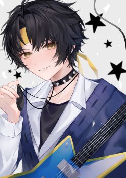 1boy absurdres alternate_costume asaba_harumasa asuma_up black_hair black_shirt blue_jacket cable collar collarbone earrings electric_guitar grey_background guitar hand_up headband highres holding holding_guitar holding_instrument holding_jewelry holding_necklace instrument jacket jewelry looking_at_viewer necklace parted_bangs parted_lips shirt short_hair smile solo spiked_collar spikes star_(symbol) star_print upper_body white_shirt yellow_eyes yellow_headband zenless_zone_zero