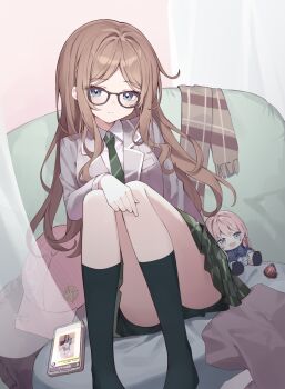 1girl bang_dream! bang_dream!_it&#039;s_mygo!!!!! black_socks blue_eyes brown_hair cellphone character_doll chihaya_anon chinese_commentary chinese_text collared_shirt commentary_request convenient_leg cosplay costume_switch diagonal-striped_clothes diagonal-striped_necktie doll glasses green_skirt grey_jacket haneoka_school_uniform highres jacket kneehighs long_hair long_sleeves maidcode1023 mygo!!!!!_logo_(bang_dream!) nagasaki_soyo necktie no_shoes phone plaid_clothes plaid_skirt pleated_skirt school_uniform shirt sidelocks sitting skirt smartphone smartphone_case socks solo striped_clothes translation_request tsukinomori_school_uniform white_shirt