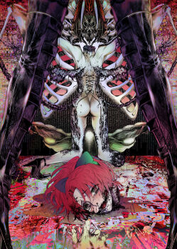 2girls abstract amputee arms_up ass back bad_id bad_pixiv_id black_footwear blood blood_splatter blush body_offscreen bone boots bow corset_piercing crying crying_with_eyes_open decapitation disembodied_hand flesh from_behind furrowed_brow glasgow_smile glitch green_bow grey_eyes guro hair_bow hair_intakes head_on_ground high_heels hook injury intestines kneeling leather leather_boots mai-chan mai-chan_no_nichijou medium_hair multiple_girls nude open_mouth otsukaresanpo ovaries pain pale_skin piercing ponytail red_hair ribs shoes single_shoe splatter standing tears teeth thigh_boots thighhighs torn_skin wall_of_text