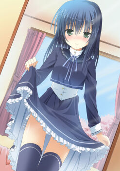 1girl black_shirt black_skirt black_thighhighs blue_hair blue_ribbon blush closed_mouth commentary_request curtains day frilled_skirt frills gluteal_fold green_eyes hair_between_eyes hair_ornament hairclip highres indoors layered_shirt long_hair neck_ribbon original parallel_hairclips reflection reflection_focus ribbon shirt skirt skirt_hold sky smile solo straight_hair suzuneiro17 thighhighs top_of_moe_2013 white_shirt