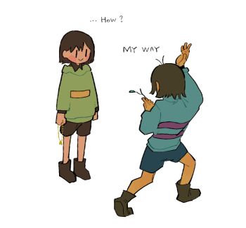 2others :&gt; antenna_hair arm_up artistlove_knm black_eyes black_shirt blue_shorts blue_sweater boots brown_boots brown_hair brown_shorts chara_(undertale) clenched_hand closed_mouth collared_shirt colored_skin english_text frisk_(undertale) from_behind full_body green_sweater hair_between_eyes hand_up heart heart_necklace holding holding_jewelry holding_necklace holding_stick jewelry long_sleeves looking_at_another multiple_others necklace orange_skin other_focus puffy_long_sleeves puffy_sleeves shirt short_hair shorts simple_background single_stripe smile standing stick striped_clothes striped_sweater sweater undertale utdr_(toby_fox) white_background |_|