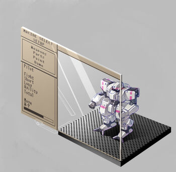 character_request clenched_hands english_text front_mission glowing glowing_eyes grey_background mecha menu no_humans ranguage red_eyes robot sanbonzuno simple_background solo standing