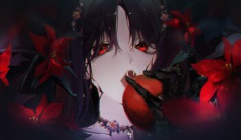 Rule 34 | 1girl, absurdres, apple, black gloves, black hair, blurry, blurry foreground, collarbone, eyelashes, fang, floral background, flower, flower necklace, food, fruit, gloves, hair flower, hair ornament, hair over eyes, highres, holding, holding food, holding fruit, jewelry, leaf, long hair, looking at viewer, necklace, open mouth, original, parted bangs, portrait, apple, red eyes, red flower, solo, teeth, tongue, totomong, upper teeth only