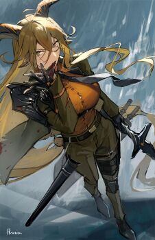 1girl absurdres animal_ears arknights asymmetrical_sidelocks belt biting biting_glove black_gloves black_necktie black_shoes blonde_hair blood blood_on_clothes breasts brown_horns commentary cuts degenbrecher_(arknights) dutch_angle full_body gloves goat_ears goat_girl goat_horns goat_tail green_pants hair_between_eyes highres holding holding_sword holding_weapon horns injury jacket large_breasts long_hair long_sleeves looking_at_viewer military_jacket necktie open_clothes open_jacket orange_shirt pants sheath shirt shoes sidelocks single_shin_guard single_shoulder_pad solo standing sword symbol-only_commentary tail tk_(tksnim) torn_clothes unsheathed very_long_hair weapon yellow_eyes