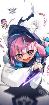 3girls absurdres adarin ahoge animal_hood apex_legends aqua_hair aqua_nails blue_sailor_collar blue_skirt braid bright_pupils broken broken_chain cat_hood chain commentary cosplay dashing different_shadow fanged_bangs fighting_stance hair_over_shoulder highres holding holding_knife hololive hood hood_up hooded_jacket hope&#039;s_dusk_(apex_legends) hoshimachi_suisei hoshimachi_suisei_(sailor) jacket knife kunai long_hair long_sleeves looking_at_viewer low_twin_braids minato_aqua minato_aqua_(sailor) miniskirt motion_blur multicolored_hair multiple_girls official_alternate_costume official_alternate_hairstyle open_clothes open_jacket open_mouth pantyhose pink_eyes pink_hair pleated_skirt sailor_collar school_uniform serafuku shirt simple_background skirt solo_focus startend_(hololive) streaked_hair tokoyami_towa tokoyami_towa_(jirai_kei) twin_braids two-tone_hair valkyrie_(apex_legends) valkyrie_(apex_legends)_(cosplay) virtual_youtuber weapon white_background white_jacket white_pantyhose white_pupils white_shirt wispy_bangs wraith_(apex_legends) wraith_(apex_legends)_(cosplay)