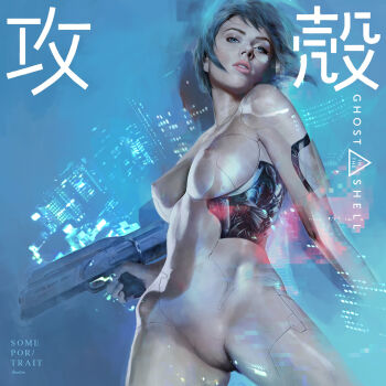 blue_eyes bullpup childe-abaddon cyborg ghost_in_the_shell gun highres kusanagi_motoko nipples nude see-through_clothes weapon