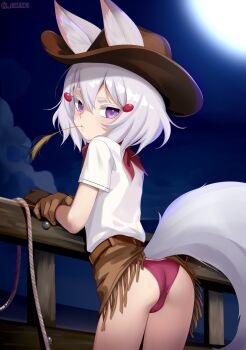 1girl absurdres animal_ears ass brown_skirt chenki_(chenki) commentary cowboy_hat english_commentary fox_ears fox_girl fox_tail gloves hat highres looking_at_viewer looking_back mouth_hold night panties phase_connect purple_eyes shirt short_hair skirt solo tail tenma_maemi underwear virtual_youtuber white_hair white_shirt