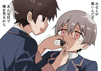 2boys :d absurdres black_jacket bottle brown_hair commentary crazy_smile empty_eyes grabbing_another&#039;s_chin grey_hair haida_katsuretsu hair_between_eyes hand_on_another&#039;s_chin highres jacket looking_at_another male_focus multiple_boys onii-chan_wa_oshimai! open_mouth pouring sakurada_yuuta school_uniform senkawa_minato simple_background smile spilling sweat tears translated trembling venus_symbol white_background