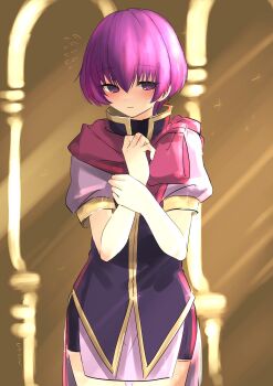 Rule 34 | 1girl, blush, bob cut, closed mouth, dress, fire emblem, fire emblem: new mystery of the emblem, flying sweatdrops, hair between eyes, highres, katarina (fire emblem), looking at viewer, nintendo, pink hair, puffy short sleeves, puffy sleeves, purple dress, purple eyes, red scarf, scarf, short hair, short sleeves, solo, studio sugimoto