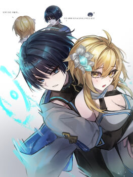 Rule 34 | 1boy, 1girl, absurdres, arms around waist, black hair, blonde hair, blue eyes, commentary request, dress, empty eyes, fingerless gloves, genshin impact, gloves, gold trim, hair between eyes, hetero, high collar, highres, inteyvat flower (genshin impact), korean commentary, korean text, looking at another, lumine (genshin impact), open mouth, scaramouche (genshin impact), short hair, sweat, talking ok, teeth, turtleneck, wanderer (genshin impact), white background, white dress, yellow eyes