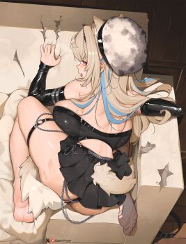 1girl animal_ears ass backboob barefoot black_panties black_skirt blonde_hair blue_hair breasts commentary couch dog_ears dog_girl dog_tail english_commentary feet from_behind fuwapuchi fuwawa_abyssgard greatodoggo highres hololive hololive_english large_breasts looking_at_viewer looking_back multicolored_hair no_shoes on_couch open_mouth panties patreon_logo patreon_username pleated_skirt single_bare_foot skirt soles solo tail toes tongue tongue_out twitter_username twitter_x_logo two-tone_hair underwear virtual_youtuber