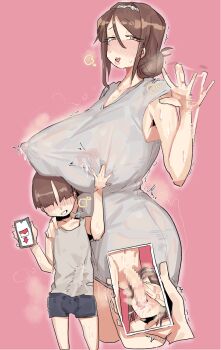 1boy 1girl absurdres aftersex age_difference breasts bulge covered_erect_nipples erection erection_under_clothes gigantic_breasts highres huge_breasts large_penis leebo_(leeboxxx) mature_female onee-shota penis penis_awe shota shotadom