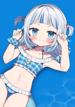 >:) 1girl aged_down alternate_costume bikini blue_bikini blue_eyes blue_hair blue_nails blunt_bangs blush claw_pose cowboy_shot fangs fangs_out fins fish_tail frilled_bikini frills gawr_gura gingham_bikini grey_hair hair_ornament halterneck highres hololive hololive_english loli looking_at_viewer lying medium_hair multicolored_hair nail_polish noi_mine off-shoulder_bikini off_shoulder on_back scrunchie shark_hair_ornament shark_tail solo streaked_hair swimsuit tail two_side_up v-shaped_eyebrows virtual_youtuber wrist_scrunchie