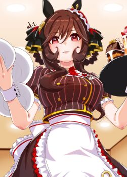 1girl alternate_costume animal_ears apron artist_name bow bowtie braid braided_hair_rings breasts brown_hair brown_shirt brown_skirt coco's commentary_request ear_covers ear_ornament enmaided food gentildonna_(umamusume) hair_between_eyes hair_rings heart-shaped_ornament heart_ear_ornament highres holding holding_food holding_plate horse_ears horse_girl large_breasts long_hair looking_at_viewer maid maid_apron medium_hair neru_ika parfait parted_lips plate red_bow red_bowtie red_eyes shirt skirt solo striped_clothes striped_shirt umamusume vertical-striped_clothes vertical-striped_shirt waist_apron white_apron white_wrist_cuffs wrist_cuffs
