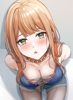 1girl bead_necklace beads bikini blue_bikini blue_sports_bra blurry blush breasts cleavage collarbone commentary_request denim denim_shorts depth_of_field earrings foreshortening from_above gakuen_idolmaster green_eyes highres idolmaster jewelry large_breasts long_hair looking_at_viewer looking_up mole mole_under_eye necklace open_mouth orange_hair shadow shiun_sumika shorts sitting solo sports_bra swimsuit yuzuyu_(hyui)