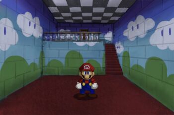 1boy blue_eyes blue_overalls boots brown_boots brown_hair checkered_ceiling facial_hair gloves hat indoors liminal_space looking_at_viewer mari_luijiroh mario mario_(series) mustache nintendo overalls red_carpet red_hat red_shirt shirt short_hair solo stairs super_mario_64 white_gloves