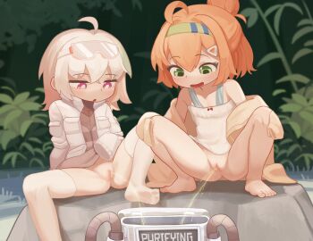 2girls absurdres ahoge barefoot censored chaos_(yui_yuu) commentary dress english_commentary goggles goggles_on_head green_eyes hair_bun hair_ornament highres huge_filesize loli mosaic_censoring multiple_girls nanachides no_panties open_mouth orange_hair original paid_reward_available pee pee_in_container peeing peeing_together purple_eyes pussy short_hair single_hair_bun sleeves_past_wrists spread_legs squatting thighhighs toes triangle_hair_ornament white_dress white_thighhighs