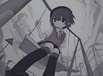 1girl absurdres bandaged_arm bandages beret closed_mouth cloud collared_shirt earphones from_below hat highres inonn0133 kneehighs looking_at_viewer looking_down muted_color neck_ribbon on_swing outdoors ribbon road_sign shirt shoes short_sleeves sign skirt socks solid_eyes solo sweater_vest swing transmission_tower utane_uta utau