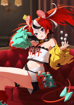 1girl :d animal_ears asymmetrical_sleeves black_collar black_gloves black_hair blue_eyes blurry blurry_background bow clothes_writing collar colored_tips commentary couch crop_top detached_sleeves dice double-parted_bangs english_commentary extra_ears gloves hair_between_eyes hakos_baelz hakos_baelz_(1st_costume) highres hololive hololive_english indoors makimaki_makky7 midriff miniskirt mismatched_sleeves mouse_ears mouse_girl mouse_tail mousetrap multicolored_hair multicolored_skirt navel on_couch open_mouth red_hair sharp_teeth shirt single_glove sitting skirt smile solo spiked_collar spikes strapless strapless_shirt streaked_hair tail tail_bow tail_ornament teeth thigh_strap twintails upper_teeth_only virtual_youtuber white_shirt