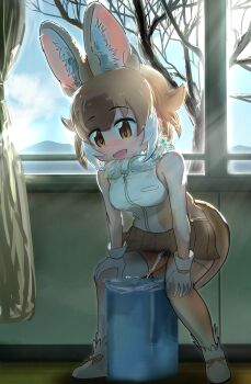 1girl absurdres animal_ears bent_over blush dhole_(kemono_friends) fang fuji_takanasu highres kemono_friends open_mouth peeing peeing_in_bowl solo standing tail trash_can