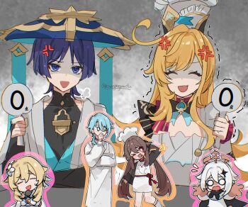 &gt;_o 2boys 4girls ahoge alternate_headwear anger_vein annoyed apron aqua_hair arm_at_side arm_up black_bow black_bowtie black_bridal_gauntlets black_scarf black_sleeves blonde_hair blue_feathers blue_flower blue_kimono blue_trim blunt_ends blunt_tresses blush bow bowtie bridal_gauntlets brown_hair brown_halo brown_outline chef_hat clenched_hand closed_eyes cowlick detached_sleeves diamond_hair_ornament dress escoffier_(genshin_impact) eyelashes eyeliner eyeshadow feather_hair_ornament feathers flower flower-shaped_pupils flying_sweatdrops forced_smile genshin_impact grey_kimono hair_flower hair_ornament halo hands_on_own_head hat highres holding holding_microphone hu_tao_(genshin_impact) huge_ahoge japanese_clothes juban kamisato_ayato kappougi kimono kuromu_shado long_hair long_sleeves looking_at_another looking_at_viewer low_twintails lumine_(genshin_impact) makeup mandarin_collar mechanical_halo microphone multicolored_flower multiple_boys multiple_girls o_o one_eye_closed open_clothes open_hand open_kimono open_mouth outline paimon_(genshin_impact) panicking parted_bangs pink_outline puff_of_air purple_eyes purple_hair red_eyeliner red_eyes red_eyeshadow red_scrunchie romper scaramouche_(genshin_impact) scarf score scrunchie shaded_face short_hair short_hair_with_long_locks short_sleeves shoulder_peek sidelocks star_(symbol) sweatdrop swept_bangs symbol-shaped_pupils tehepero tongue tongue_out toque_blanche trembling twintails twitter_username wanderer_(genshin_impact) white_apron white_dress white_flower white_hair white_hat white_romper white_scarf white_sleeves