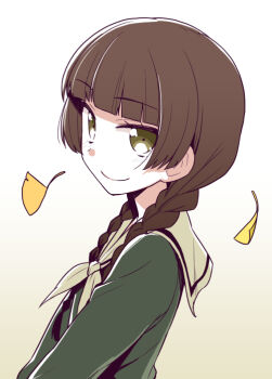 1girl braid brown_hair commentary_request falling_leaves from_side ginkgo_leaf gradient_background green_background green_eyes green_serafuku green_shirt heebee leaf long_hair looking_to_the_side maria-sama_ga_miteru neckerchief sailor_collar school_uniform serafuku shimazu_yoshino shirt smile solo twin_braids two-tone_background white_background