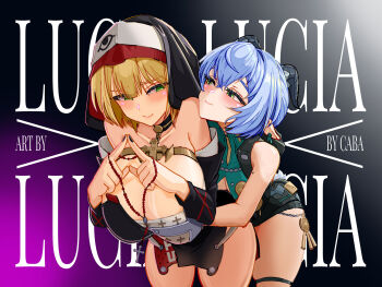2girls black_dress black_horns black_veil blue_hair breasts carlos_cabs dress green_eyes highres holding_rosary horns hug hug_from_behind huge_breasts looking_at_another lucia_elowen multiple_girls nun pointy_ears prototype_design short_dress simple_background smile text_background veil yuri zenless_zone_zero