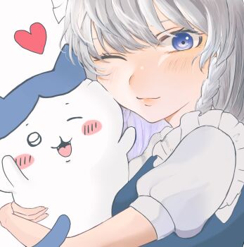 1girl animal blue_eyes braid carrying carrying_under_arm chiikawa chiikawa_(character) close-up commentary_request creature highres holding holding_animal hug izayoi_sakuya kuru_(kurukuru_koubou) one_eye_closed side_braid solo touhou