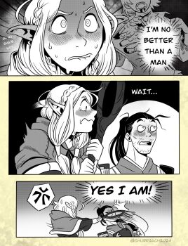 1boy 2girls ambrosia_(dungeon_meshi) armor black_hair blood blood_from_mouth blush braid capelet choker churroach dungeon_meshi elf english_text falin_touden falin_touden_(chimera) feathers greyscale highres hitting holding holding_staff hypocrisy japanese_armor long_hair marcille_donato monochrome multiple_girls pointy_ears ponytail robe shirt shurou spoilers staff sweat sweatdrop torn_clothes torn_shirt twin_braids yuri