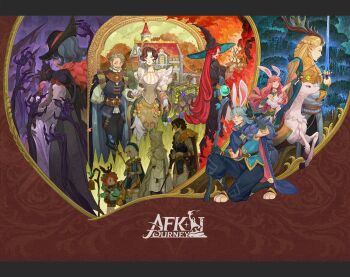 5boys 6+girls absurdres afk_(series) afk_journey aiming animal animal_ears animal_feet animal_on_head animal_on_shoulder antlers aqua_jacket aqua_shirt arm_behind_back armor arrow_(projectile) backpack bag barrel beard belt beret bird bird_on_head black_cape black_cat black_dress black_gloves black_hat black_pants black_shorts blonde_hair blue_cape blue_cloak blue_eyes blue_hair blue_hat blue_pants blue_tunic blunt_ends bow bow_(weapon) bradduck_(afk) braid breasts brown_bag brown_belt brown_cape brown_eyes brown_hair building cape cassadee_(afk) cat cat_on_shoulder cloak closed_eyes closed_mouth cloud collared_shirt commentary copyright_logo copyright_name day deer deer_antlers dress duck earrings eironn_(afk) elbow_gloves english_commentary facial_hair facial_scar facing_away fire floating_hair food forest franz_(afk) frilled_sleeves frills fruit fur-trimmed_cape fur_trim gloves gold_trim grapes green_eyes green_gloves grey_cloak grey_hair grey_shirt hair_ornament half_up_half_down_braid hand_up hat highres holding holding_bow_(weapon) holding_hands holding_staff holding_sword holding_weapon hood hood_up hooded_cloak hooded_jacket horns house illucia_(afk) jacket jewelry juliet_sleeves kneeling lips logo long_hair long_sleeves looking_at_another looking_back looking_to_the_side lorsan_(afk) lyca_(afk) mage_staff medium_breasts medium_hair merlin_(afk) mirael_(afk) mole mole_above_mouth multiple_boys multiple_girls mustache nature official_art on_head on_one_knee open_clothes open_jacket orange_hair outdoors pants parted_bangs parted_hair partially_fingerless_gloves pauldrons pearl_earrings pink_hair pointy_ears profile puffy_long_sleeves puffy_sleeves rabbit_ears red_eyes red_hair red_lips riding robe rowan_(afk) sack scar scar_on_cheek scar_on_face serious shadow_hands sheath sheathed shirt short_hair short_shorts short_sleeves shorts shoulder_armor side_slit sky sleeveless sleeveless_shirt smoke staff standing striped_clothes striped_dress sword tassel test_tube thick_eyebrows tjulywoods tree tunic turtleneck turtleneck_dress two-sided_cape two-sided_fabric v-shaped_eyebrows vala_(afk) valen_(afk) vambraces vertical-striped_clothes vertical-striped_dress very_long_hair vineyard weapon white_dress white_gloves white_hair white_pants white_robe white_shirt wide_sleeves windmill witch_hat yellow_bow yellow_dress