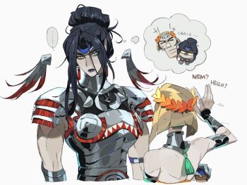 2girls armor bilidongdong black_hair blonde_hair breasts earrings green_lips hades_(series) hades_2 jewelry laurel_crown melinoe_(hades) multiple_girls muscular muscular_female nemesis_(hades) purple_lips short_hair yellow_eyes yuri