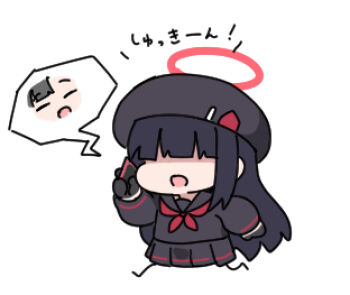 2girls beret black_gloves black_hair black_hat black_sailor_collar black_serafuku black_shirt black_skirt blue_archive cellphone chibi closed_eyes faceless faceless_female gloves hair_over_eyes halo hat holding holding_phone ichika_(blue_archive) justice_task_force_member_(blue_archive) long_hair long_sleeves lowres multiple_girls neckerchief nyaru_(nyaru_4126) open_mouth phone puffy_long_sleeves puffy_sleeves red_neckerchief running sailor_collar school_uniform serafuku shirt simple_background skirt solo_focus spoken_character translation_request very_long_hair white_background