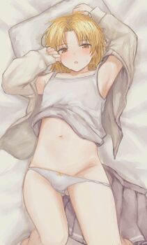 1boy absurdres arms_up bed blonde_hair blush bulge clothes_lift crossdressing crossdressing_(mtf) half-closed_eyes highres looking_at_viewer lying male_focus navel open_mouth original panties shirt_lift shota skirt solo sweat tank_top testicle_peek testicles thighs trap underwear white_panties yellow_eyes yuxi