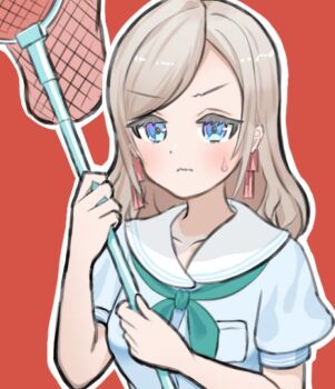 Rule 34 | 1girl, blue dress, blush, breast pocket, butterfly net, ceras yanagida lilienfeld, closed mouth, collarbone, commentary request, dress, green neckerchief, grey hair, hair ribbon, hand net, hasu no sora school uniform, himizusan, holding, holding butterfly net, light frown, link! like! love live!, long hair, love live!, neckerchief, outline, pink ribbon, pocket, puffy short sleeves, puffy sleeves, red background, ribbon, sailor collar, school uniform, short sleeves, simple background, solo, summer uniform, sweatdrop, upper body, virtual youtuber, wavy hair, wavy mouth, white outline, white sailor collar