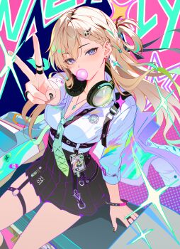 1girl aqua_necktie black_nails black_skirt blonde_hair blowing_bubble_gum braid braided_bangs breasts chewing_gum cleavage commentary earrings fingernails hair_ornament hand_up headphones headphones_around_neck highres id_card jewelry long_hair looking_at_viewer lynae_(wuthering_waves) medium_breasts myabit nail_polish necklace necktie purple_eyes shirt shirt_tucked_in sitting skirt skull_hair_ornament solo star_(symbol) star_earrings v white_shirt wuthering_waves