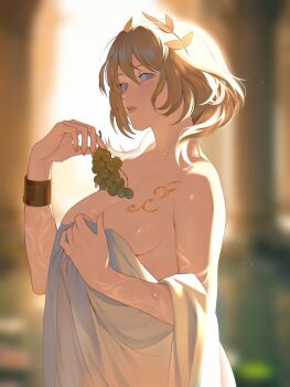 Rule 34 | 1girl, aglaea (honkai: star rail), blonde hair, chest tattoo, commentary, covering breasts, covering privates, food, from side, fruit, grapes, hashtag-only commentary, highres, holding, holding food, holding fruit, honkai: star rail, honkai (series), looking at viewer, parted lips, short hair, solo, tattoo, wristband, yynahh02