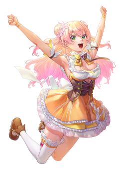1girl :d absurdres arm_garter armpits arms_up bell blonde_hair boots bow bowtie breasts brown_boots brown_bow brown_bowtie brown_corset cleavage cleavage_cutout clothing_cutout commentary_request corset crossed_bangs cutout_above_navel double_bun dress flower frilled_shirt frilled_thighhighs frills full_body gradient_hair green_eyes hair_bun hair_flower hair_ornament highres hololive jingle_bell jumping large_breasts long_hair looking_at_viewer midair momosuzu_nene momosuzu_nene_(1st_costume) multicolored_bow multicolored_bowtie multicolored_hair neck_bell open_mouth orange_bow orange_bowtie orange_shirt outstretched_arms peach_ornament pink_hair shirt sidelocks simple_background single_thighhigh skirt sleeveless smile solo teeth thighhighs tori_udon two_side_up underbust upper_teeth_only virtual_youtuber waist_bow white_background white_bow white_thighhighs yellow_bow yellow_bowtie