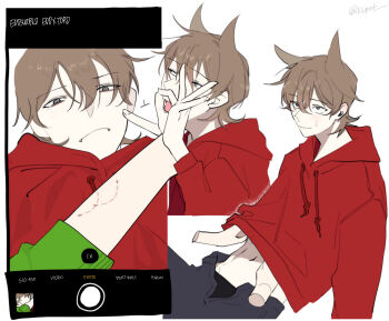 2boys animification bad_id bad_twitter_id bite_mark bite_mark_on_arm black_pants brown_hair camera_view disembodied_hand drawstring edd_(eddsworld) eddsworld fangs fellatio_gesture flipped_hair grey_eyes hair_between_eyes hair_ears hand_under_clothes hand_up highres hood hood_down hoodie implied_yaoi ios_(os) kupot long_sleeves male_focus middle_finger multiple_boys multiple_views navel open_fly open_mouth pants pov signature simple_background sitting solo_focus sweatdrop tord_(eddsworld) white_background yaoi