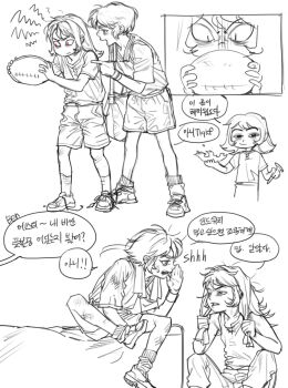 1boy 1girl abaddon_(haunted_hotel) american_football_(object) ball bruise bruise_on_leg child commentary_request drying drying_hair esther_freeling greyscale haunted_hotel highres holding holding_ball injury korean_commentary korean_text monochrome red_eyes rickorty_08 shirt shoes short_hair shorts simple_background sneakers spot_color towel towel_around_neck towel_on_head translation_request white_background