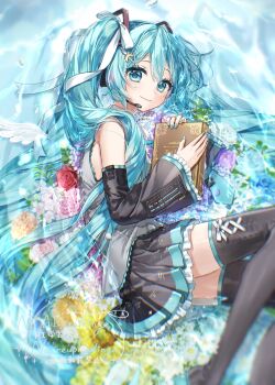 1girl aqua_eyes aqua_hair aqua_nails aqua_trim black_skirt book boots closed_mouth crescent crescent_hair_ornament detached_sleeves grey_shirt hair_between_eyes hair_ornament hair_ribbon hatsune_miku highres holding holding_book long_hair long_sleeves lying mallow_(di_fushang) miniskirt on_side pleated_skirt ribbon shirt skirt smile solo thigh_boots twintails very_long_hair vocaloid watermark white_ribbon wide_sleeves